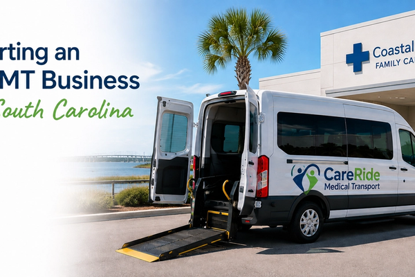 Wheelchair-accessible NEMT van outside a South Carolina clinic, representing how to start a medical transportation business in South Carolina.