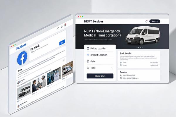 Split-screen comparison showing a basic Facebook page on the left and a full professional NEMT website with booking system, service area map, and driver information on the right
