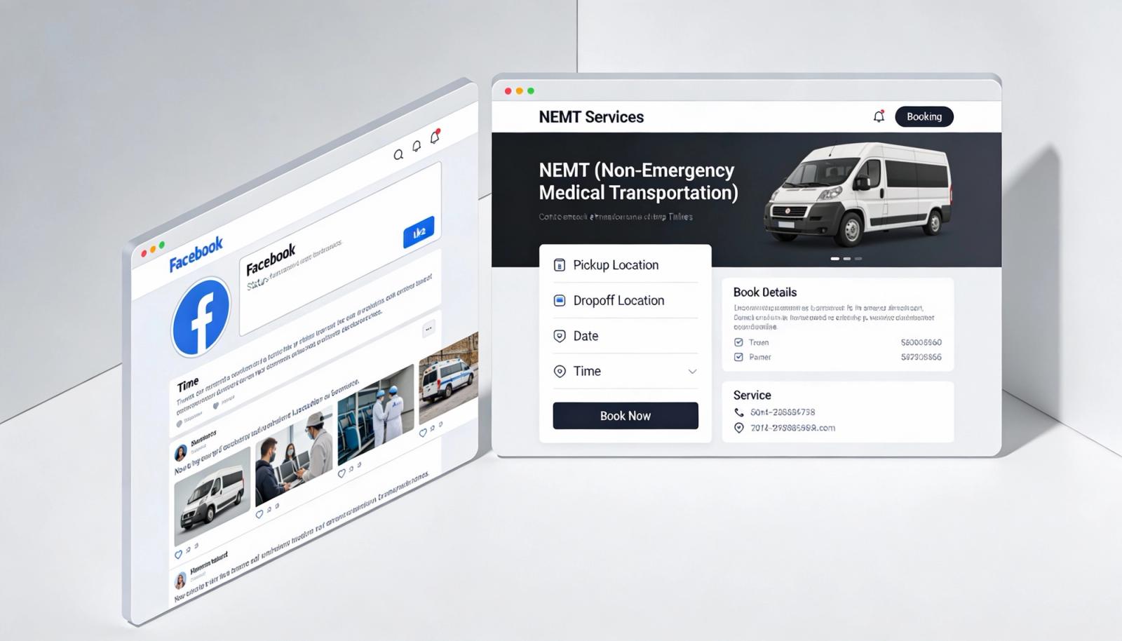 Split-screen comparison showing a basic Facebook page on the left and a full professional NEMT website with booking system, service area map, and driver information on the right