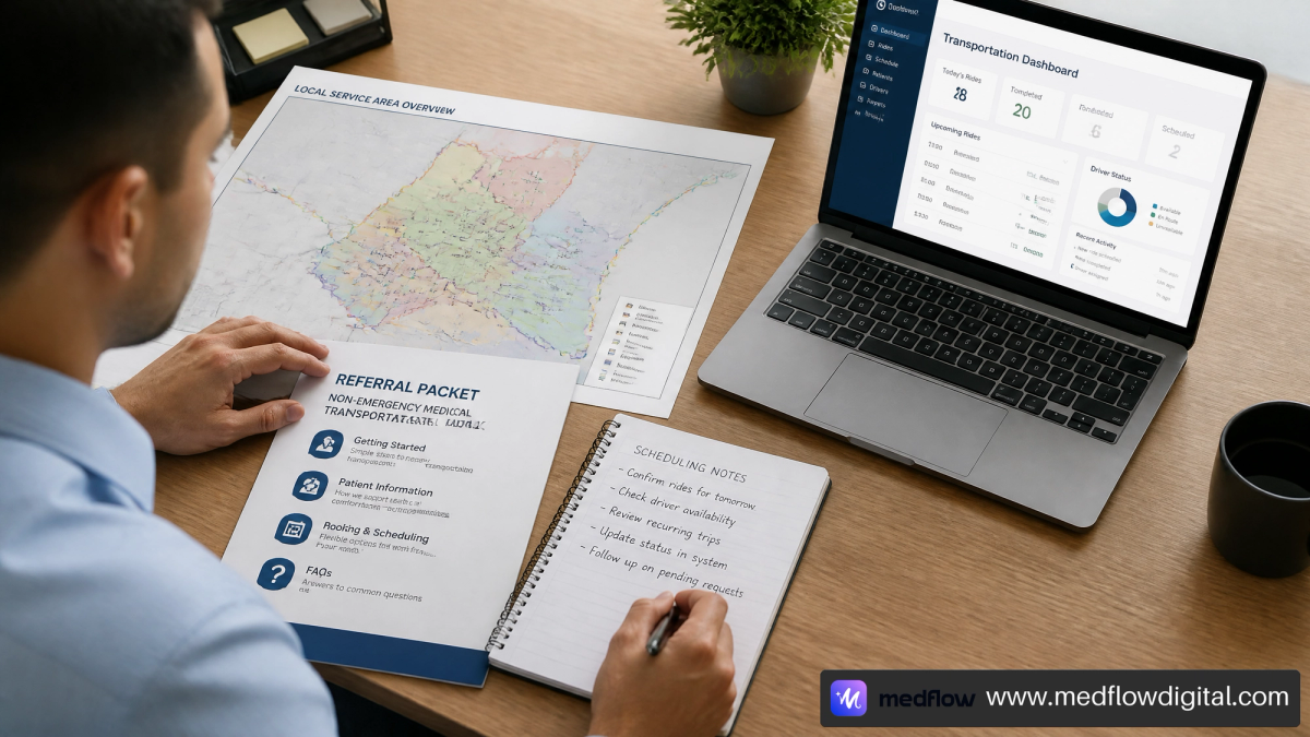 NEMT manager reviewing local service areas and referral materials for transportation marketing.