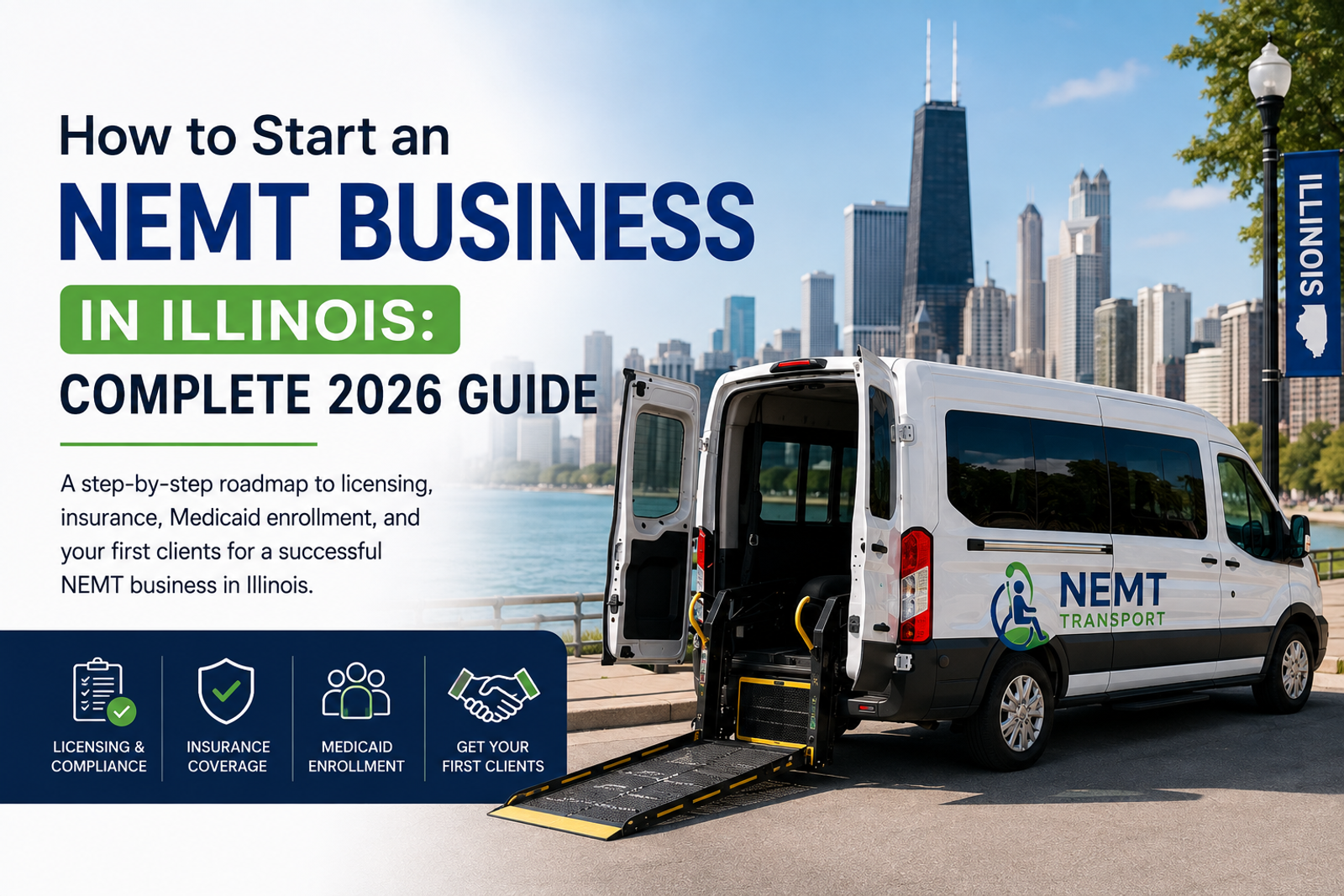 Professional banner featuring a wheelchair-accessible NEMT van with its ramp deployed outside a Chicago medical setting, with text about starting an NEMT business in Illinois and key topics including licensing, insurance, Medicaid enrollment, and finding first clients.