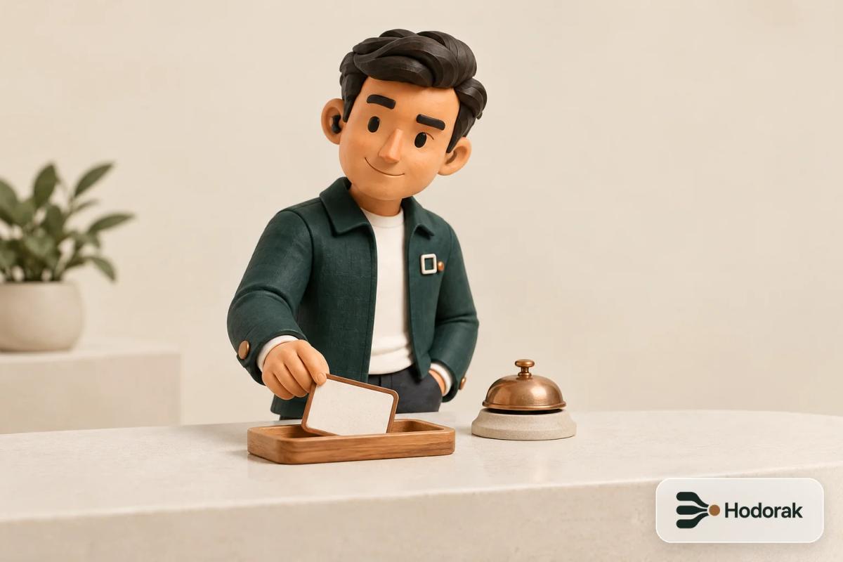 Nabih places one copper-outlined conversation card on a small tray beside a copper desk bell