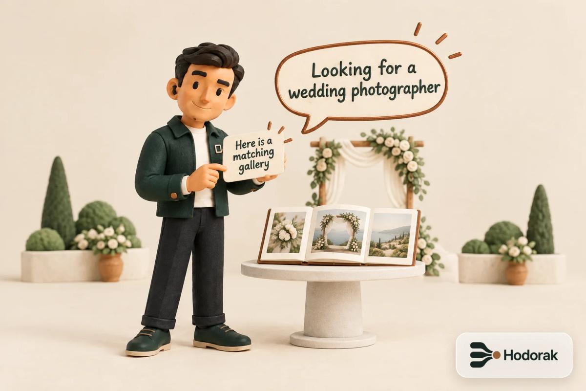 Nabih holds a reply card reading Here is a matching gallery under a copper bubble: Looking for a wedding photographer