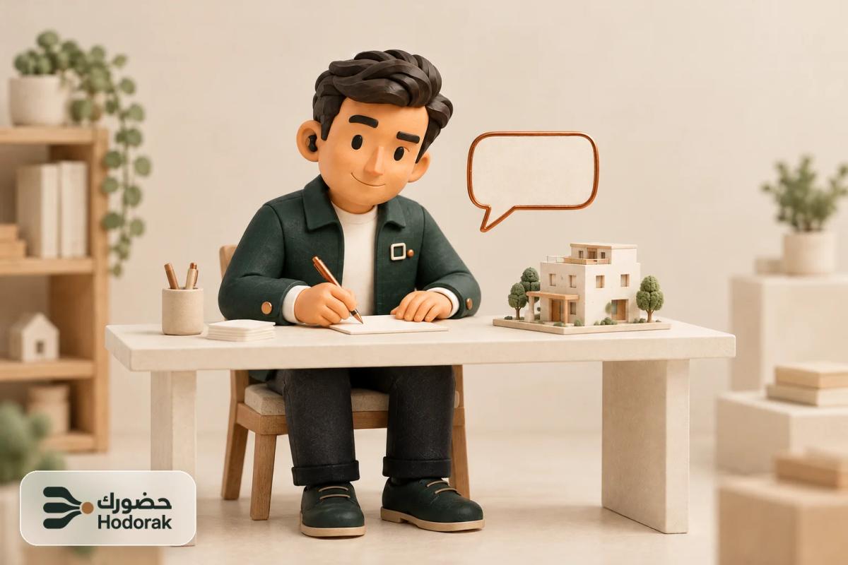 نبيه يكتب ردًا قصيرًا على بطاقة واحدة بجانب نموذج بيت صغير