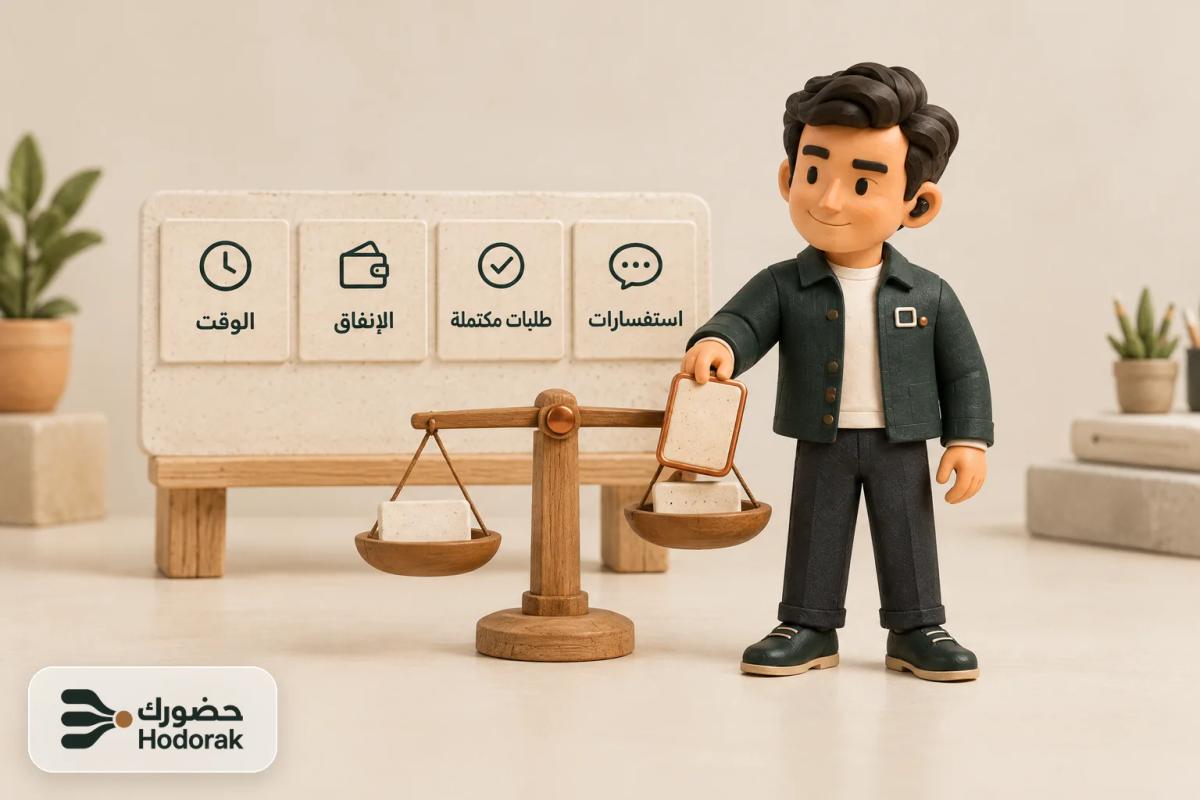 لوحة صغيرة عليها «استفسارات» و«طلبات مكتملة» و«الإنفاق» و«الوقت»، ونبيه يزن بلاطة نحاسية على ميزان