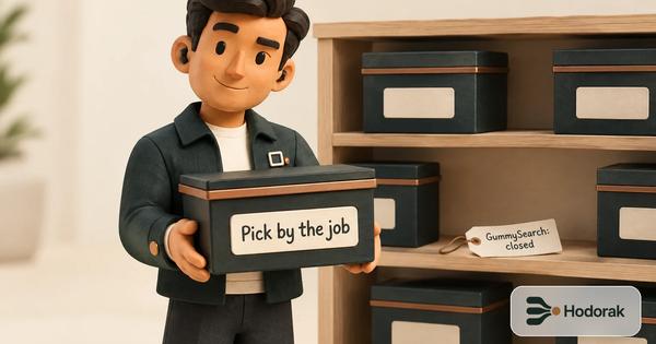 Nabih picks a GummySearch alternative: a copper box labelled Pick by the job, beside a tag reading GummySearch: closed