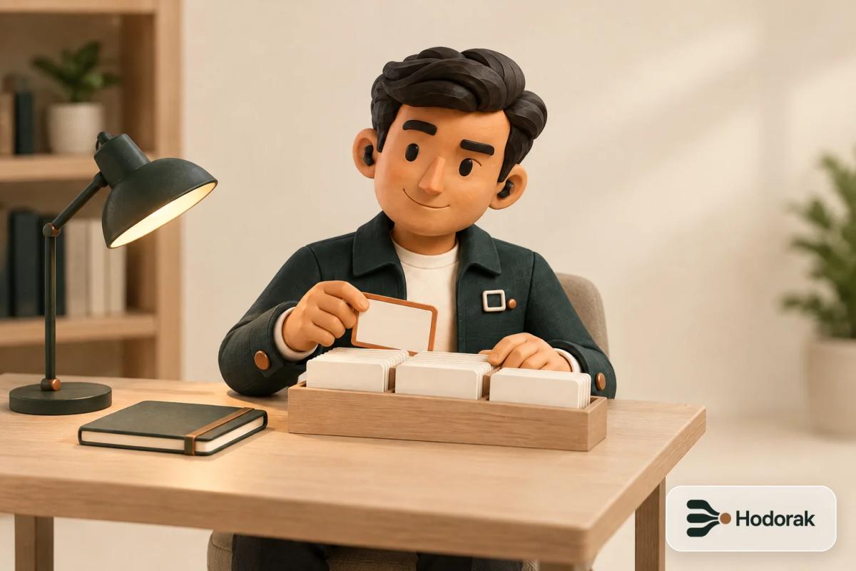 Nabih sorts blank index cards by hand at a small desk, one card outlined in copper