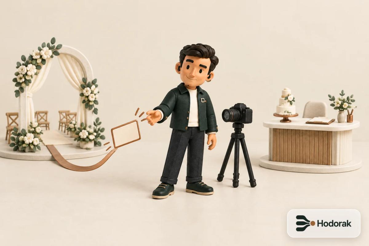 Nabih stands between a miniature wedding venue and a planner's desk as a Sand card passes between them