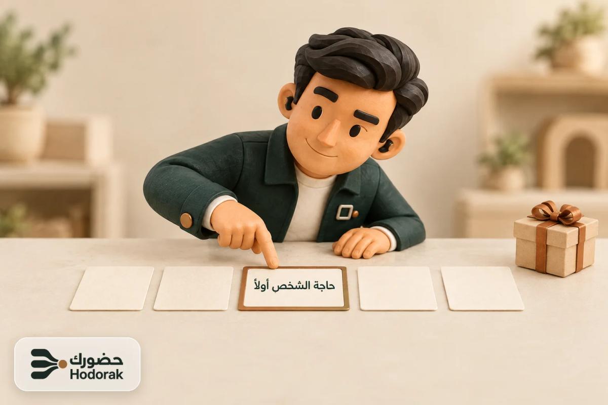 خمس بطاقات رسائل على طاولة، والبطاقة ذات الإطار النحاسي مكتوب فيها «حاجة الشخص أولًا»