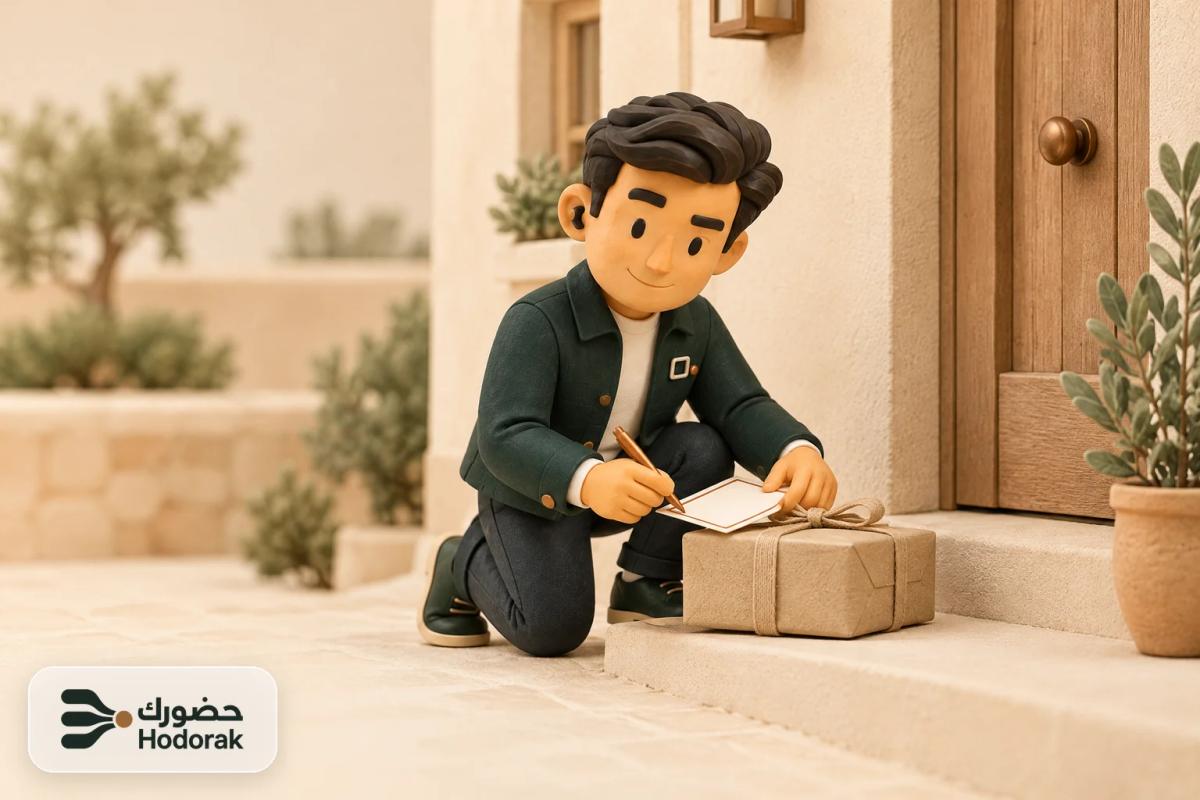 طرد صغير مغلف عند باب بيت مصغّر، ونبيه يكتب بطاقة شكر بإطار نحاسي بجانبه