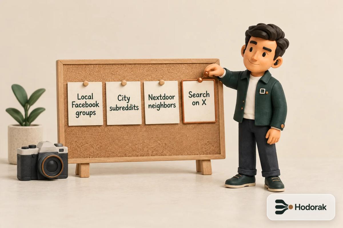 Nabih at a corkboard of four cards: Local Facebook groups, City subreddits, Nextdoor neighbors, Search on X