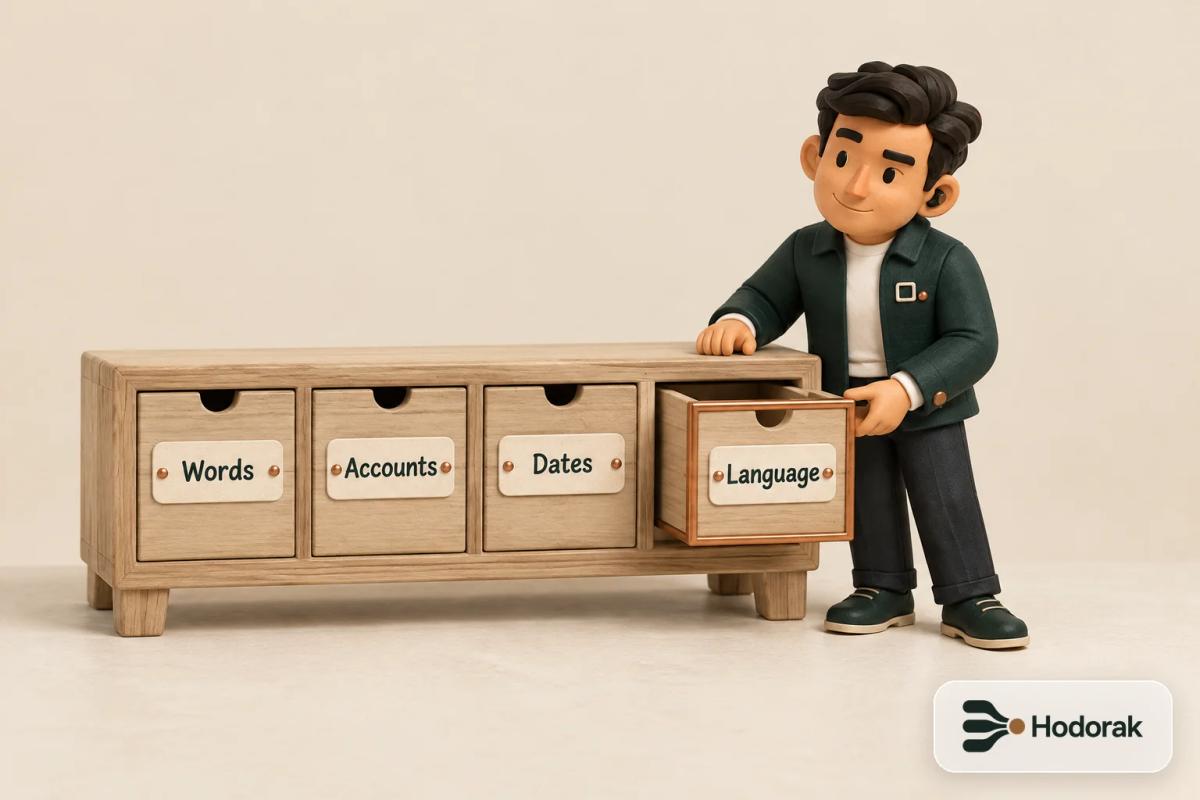 Nabih opens one of four drawers labelled Words, Accounts, Dates and Language on a wooden rack