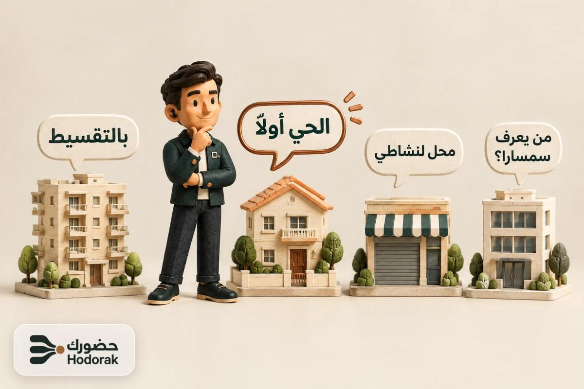 أربعة نماذج عقارية فوقها فقاعات: بالتقسيط، الحي أولًا، محل لنشاطي، من يعرف سمسارًا؟