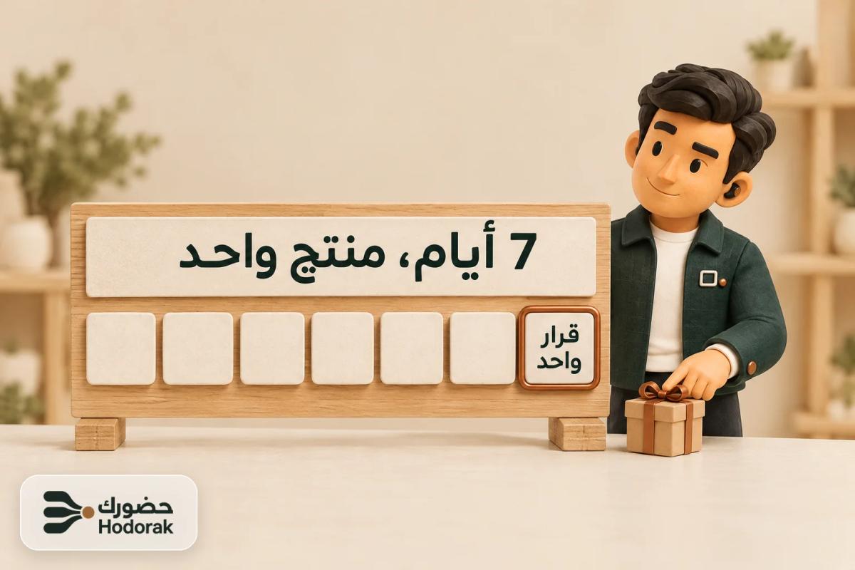 لوحة صغيرة من سبعة مربعات عنوانها «7 أيام، منتج واحد»، والمربع الأخير بإطار نحاسي فيه «قرار واحد»