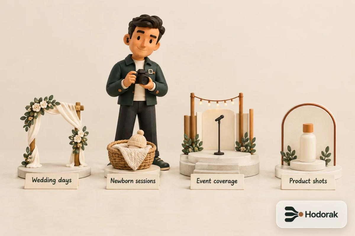 Nabih before four small sets labelled Wedding days, Newborn sessions, Event coverage and Product shots