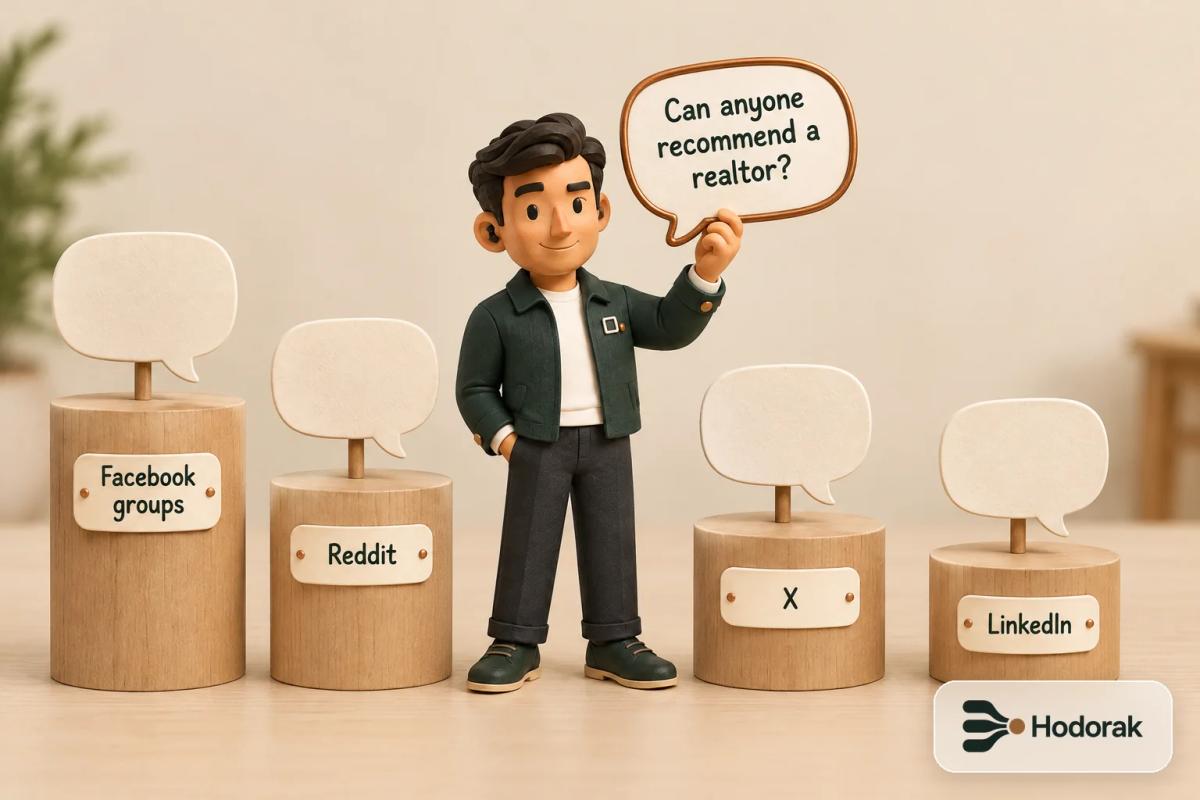 Nabih holds a copper bubble reading Can anyone recommend a realtor? above plinths for four platforms