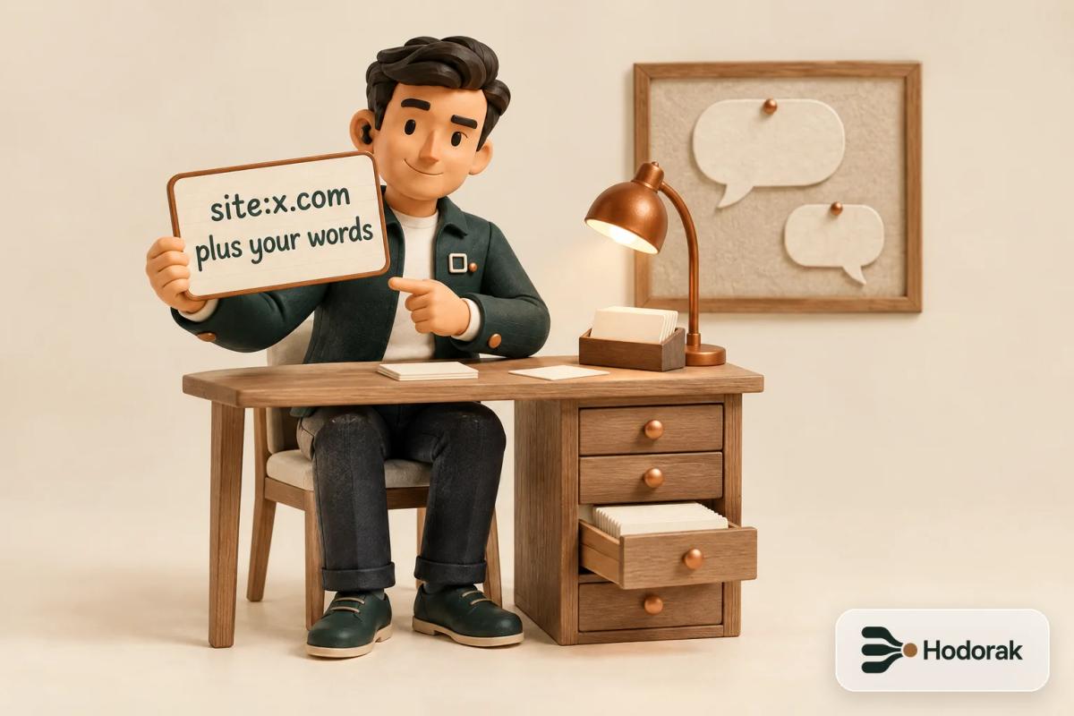 Nabih holds up a copper card reading site:x.com plus your words at a small wooden index desk