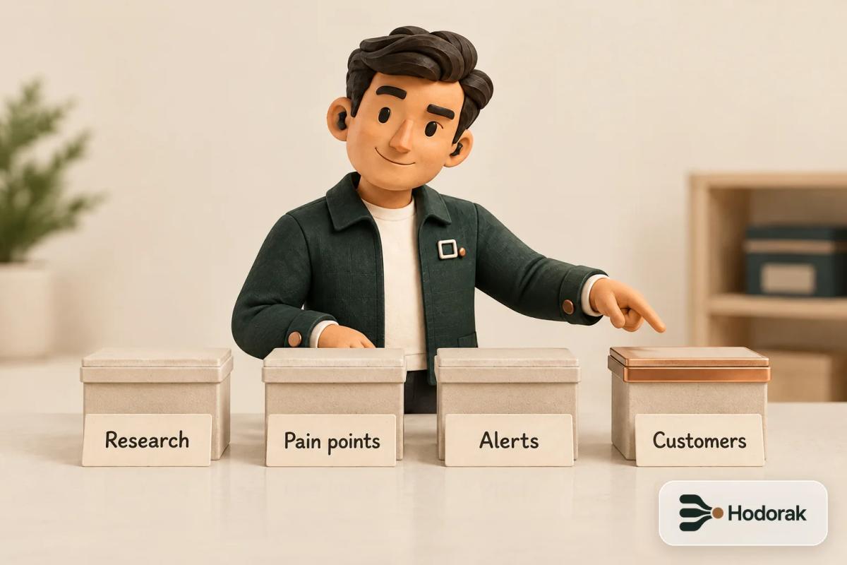Nabih points at four boxes labelled Research, Pain points, Alerts and Customers, the last one outlined in copper