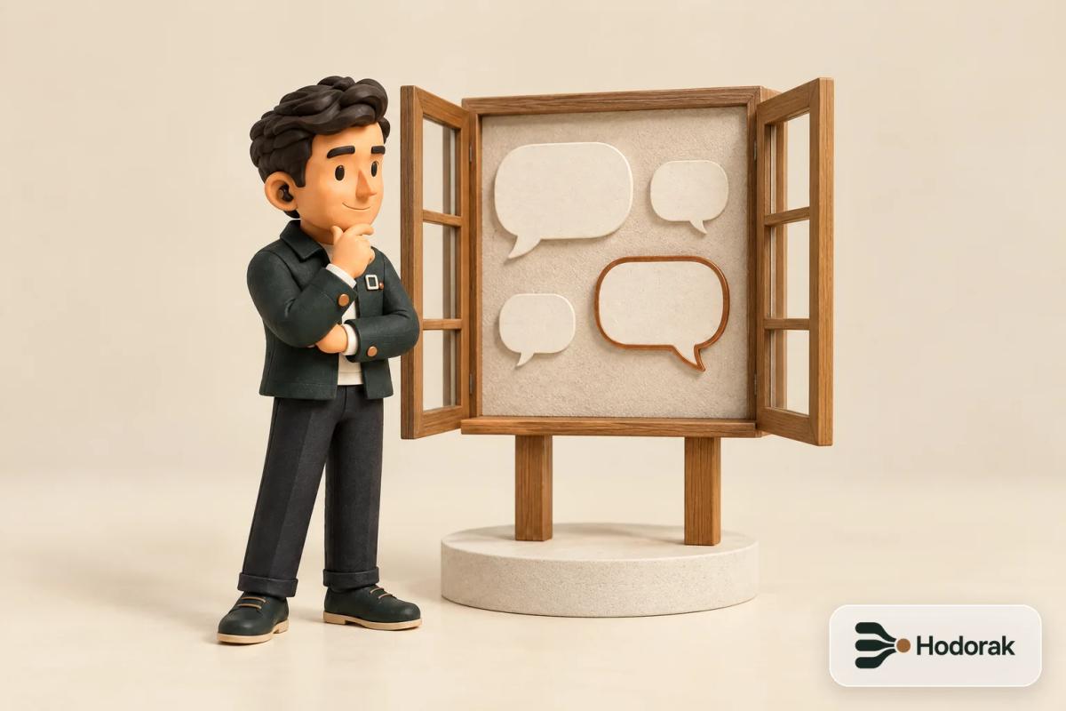 Nabih looks through a wooden window frame at a wall of public speech bubbles, one outlined in copper