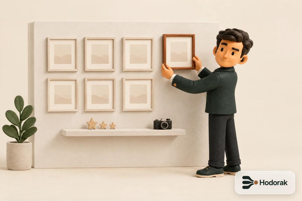 Nabih hangs one copper-framed photo on a wall of matching gallery frames beside Sand star tokens