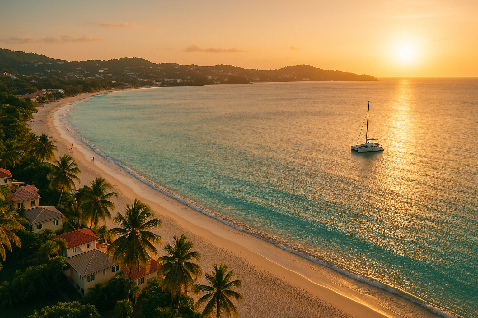 Golden tropical sunset over a quiet beach with a sailboat offshore