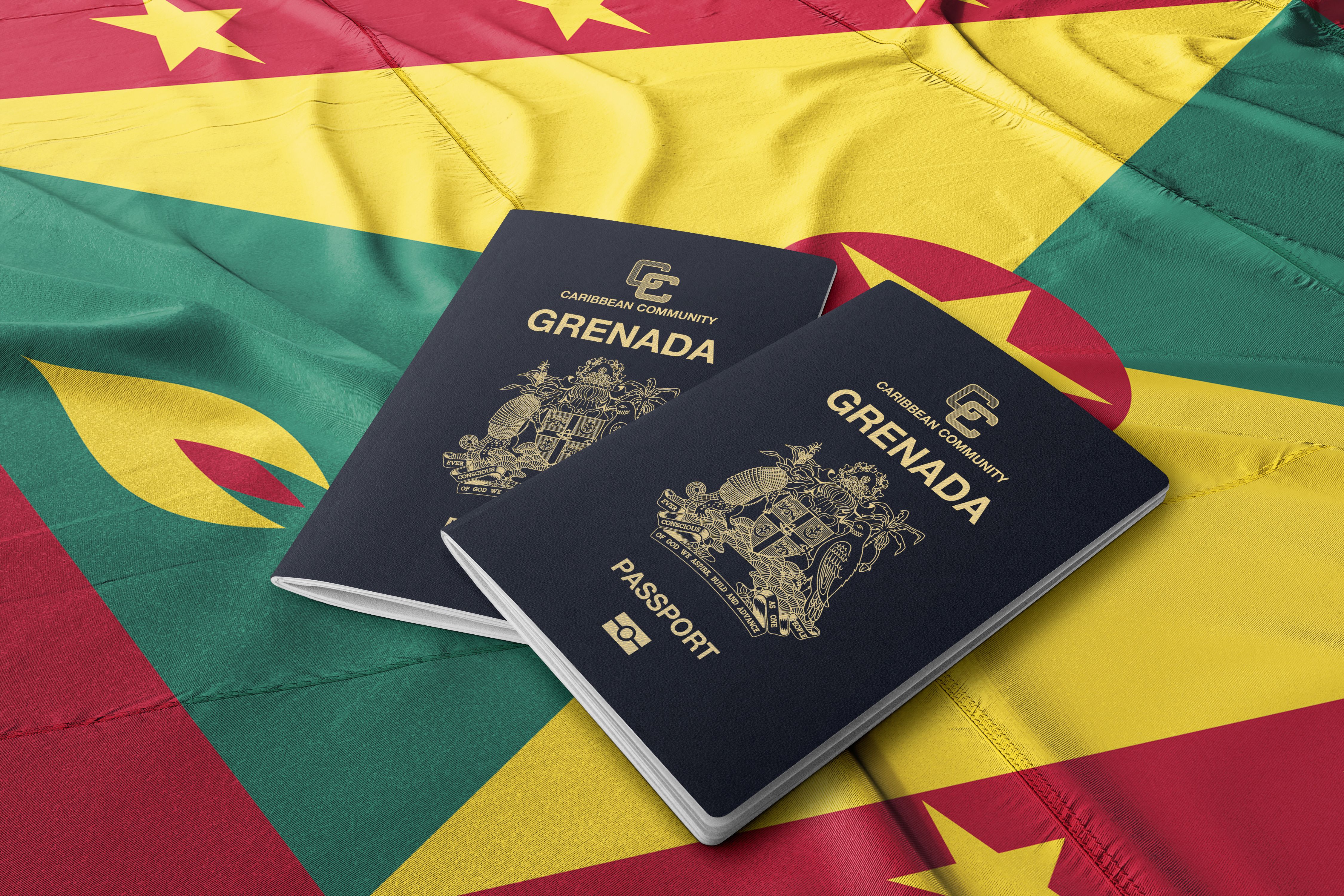 Grenada passports on a Grenada flag