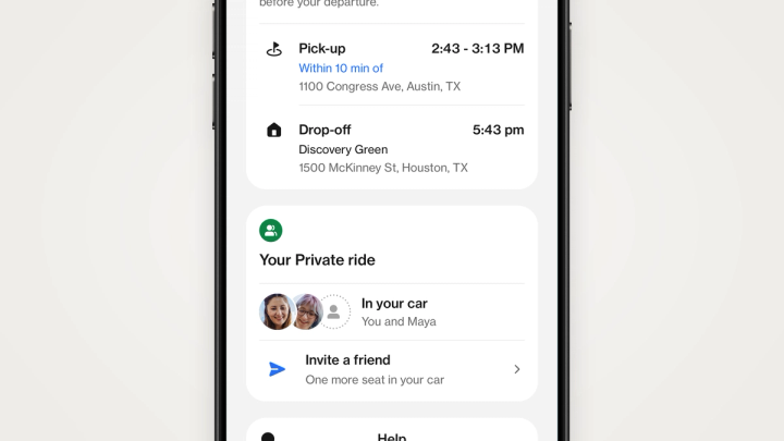 The Hitch app showing a Private ride to Houston, with you and a friend in the car and Invite a friend below