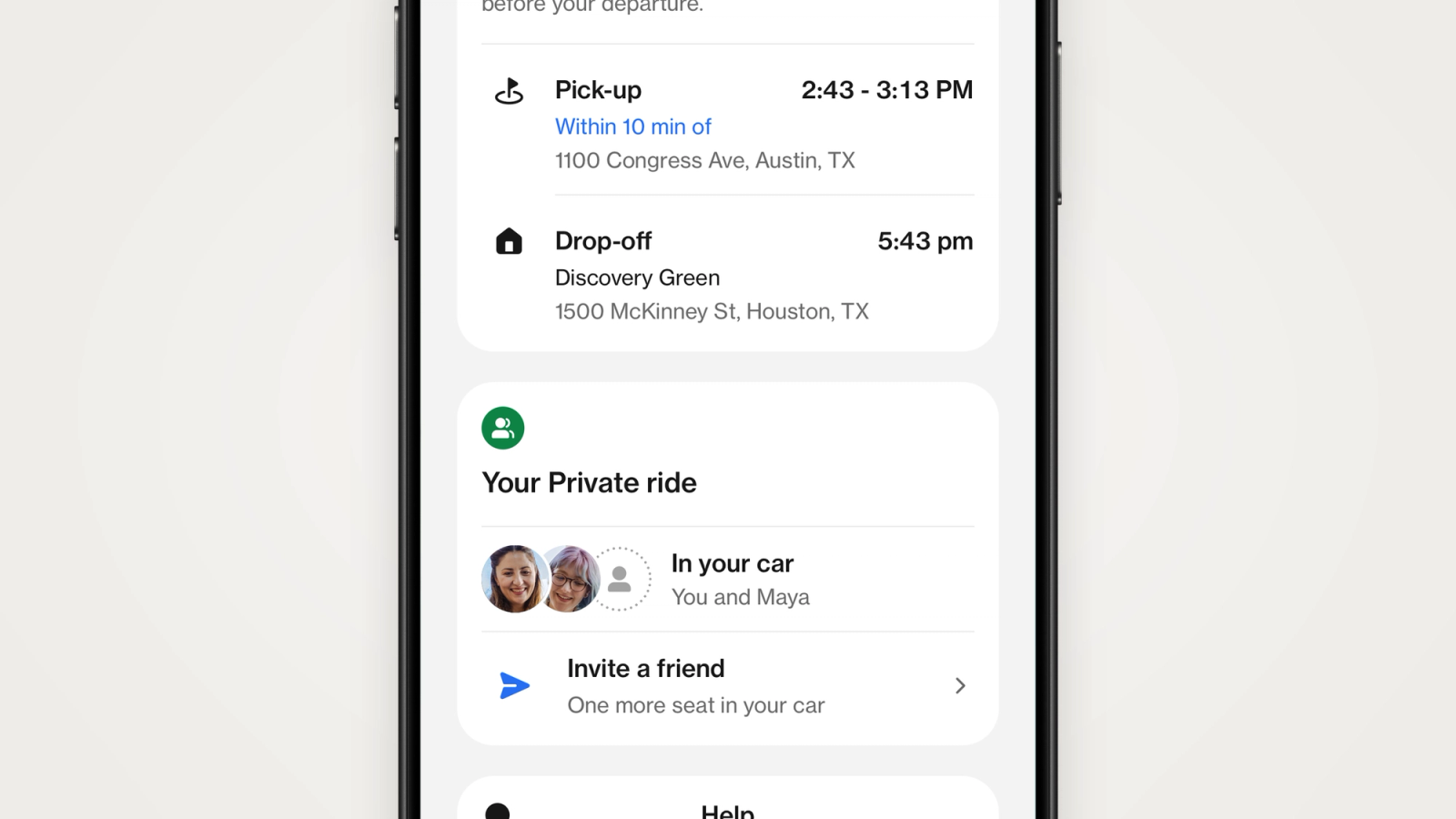The Hitch app showing a Private ride to Houston, with you and a friend in the car and Invite a friend below