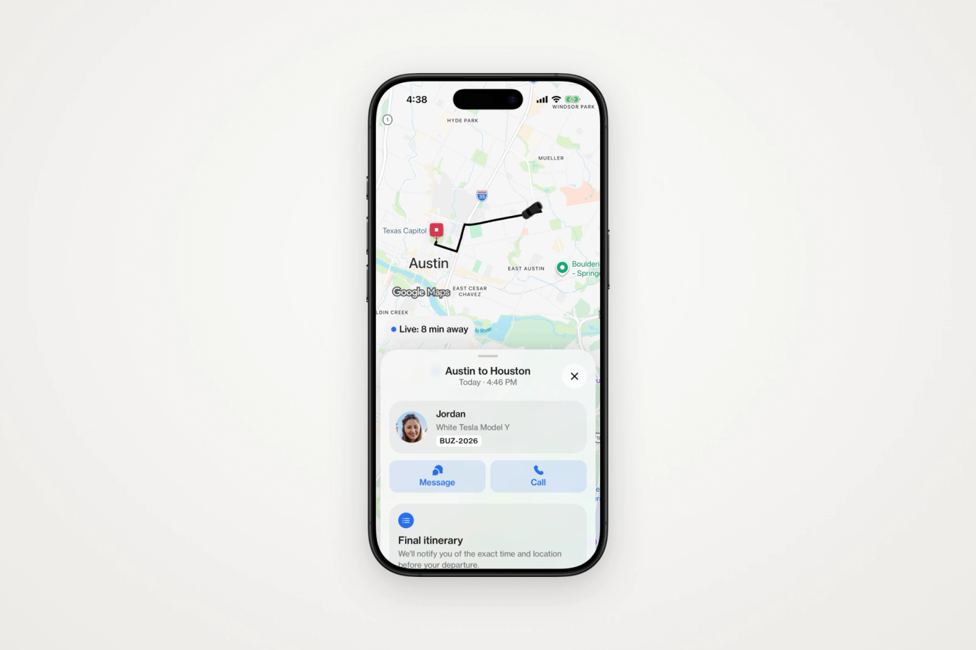 The Hitch app showing a driver live on the map on the way to the pickup, eight minutes away