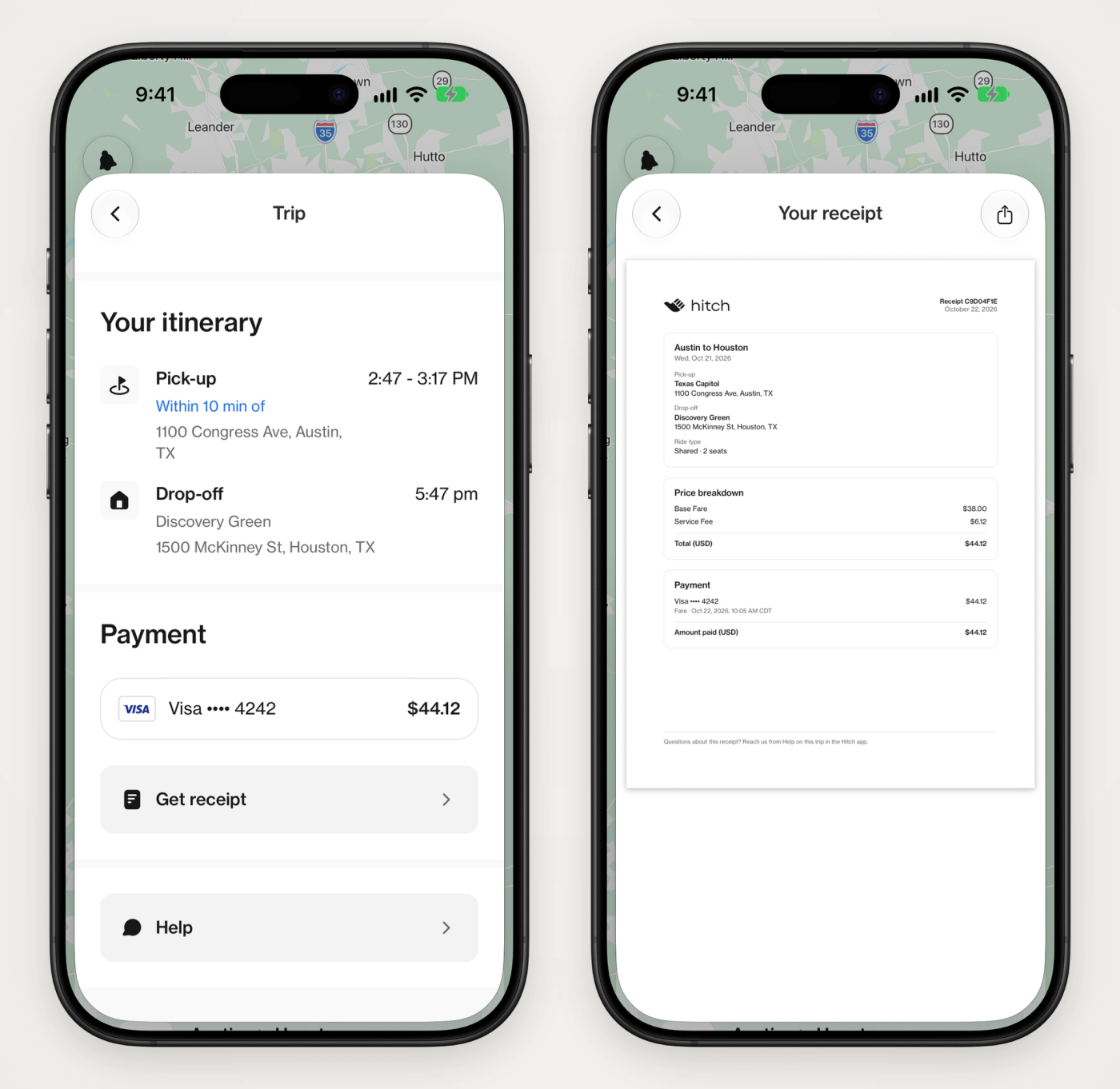 Two screens from the Hitch app, a completed trip's Payment section with Get receipt, and the trip's PDF receipt