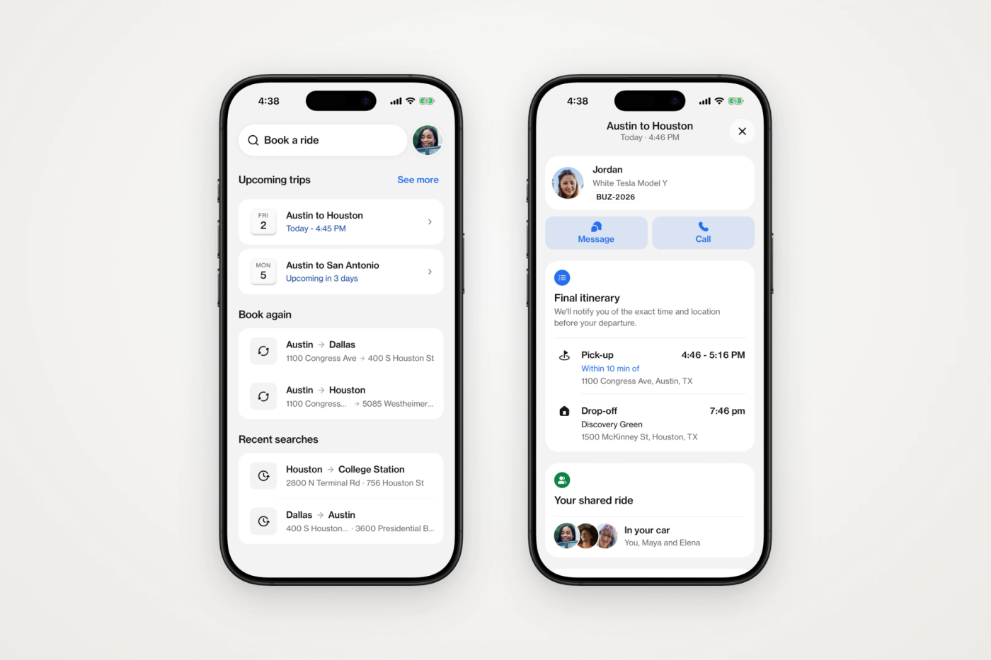 Two screens from the Hitch app, Home with upcoming trips and an upcoming trip opened to its details