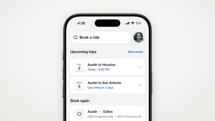 The Hitch app's Home screen, with upcoming trips at the top and rides to book again below