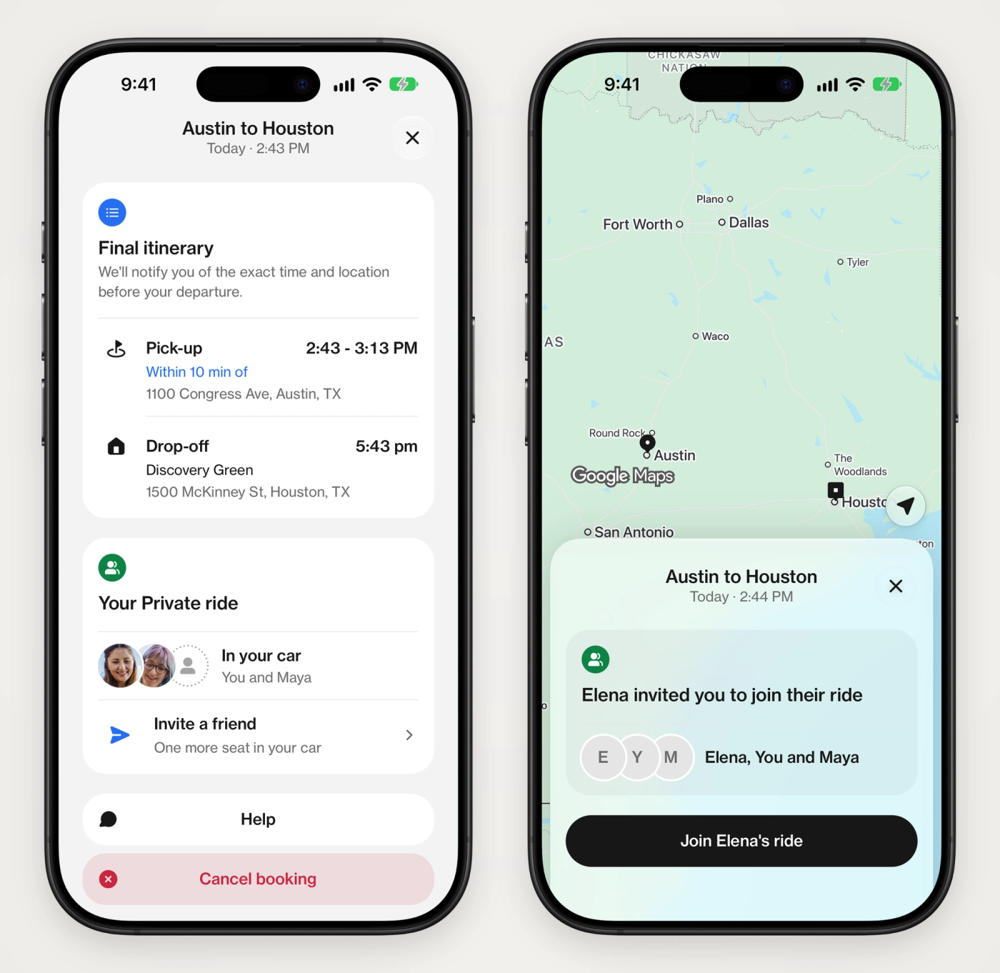 Two screens from the Hitch app, a Private ride with you and a friend in the car and Invite a friend, and a friend's invite open in the app with Join ride
