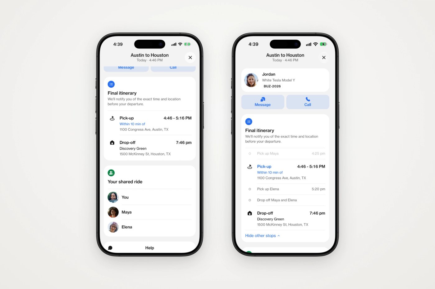 Two screens from a shared trip in the Hitch app, the list of riders in the car and every stop in the driver's order