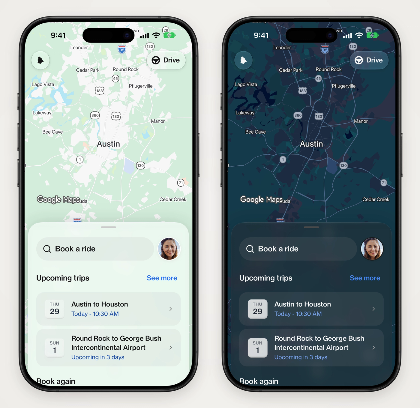The Hitch app's Home screen in light mode and in dark mode, side by side