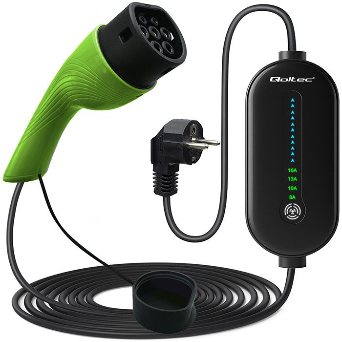 Qoltec Mobilna ładowarka do samochodu elektrycznego EV i hybryd z regulacją 2w1 Typ2 | 3.5kW | 230V | SCHUKO 16A | Wi-fi | TUYA | LED | 5m