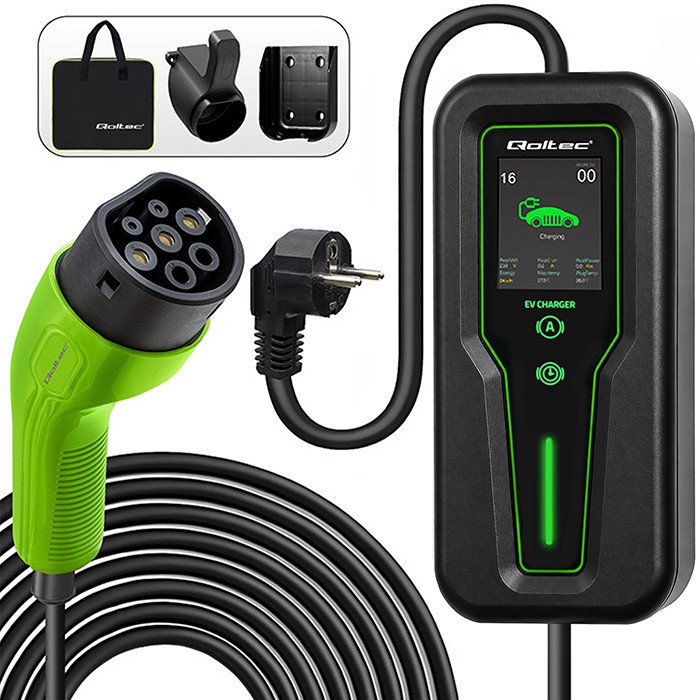 Qoltec Mobilna ładowarka do samochodu elektrycznego EV i hybryd z regulacją 2w1 Typ2 | 3.5kW | 230V | SCHUKO 16A | LCD | Przenośna | 5m