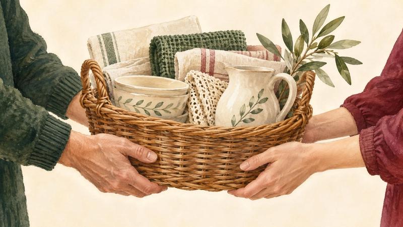 Ilustración en acuarela de manos que ayudan a llevar artículos del hogar en una cesta