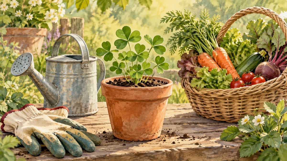 Ilustración en acuarela de una planta de trébol, una regadera, verduras y guantes de jardinería
