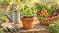 Watercolor illustration of a clover plant, watering can, vegetables and gardening gloves