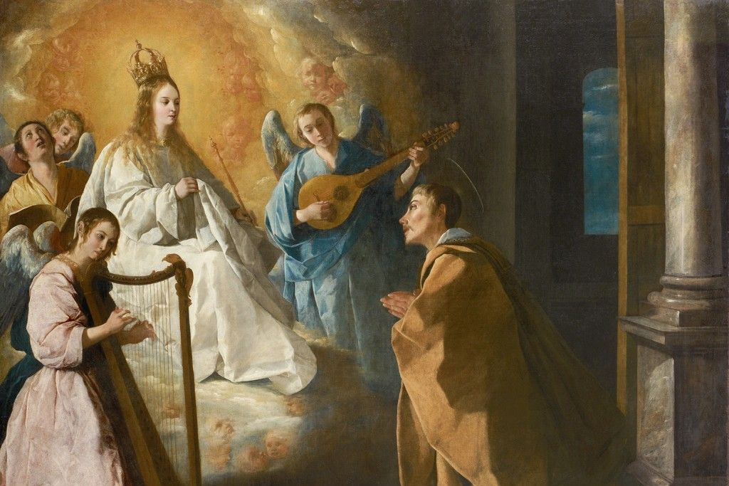 Painting: the crowned Virgin Mary in a white habit, seated on clouds among angel musicians, appears to a saint kneeling in prayer