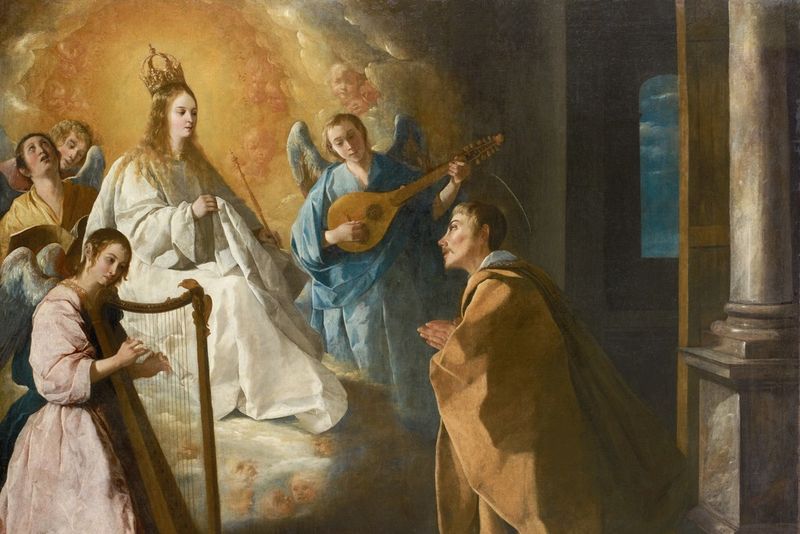 Painting: the crowned Virgin Mary in a white habit, seated on clouds among angel musicians, appears to a saint kneeling in prayer