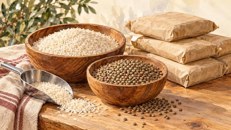 Ilustración en acuarela de cuencos de arroz y lentejas, una pala y paquetes de alimentos