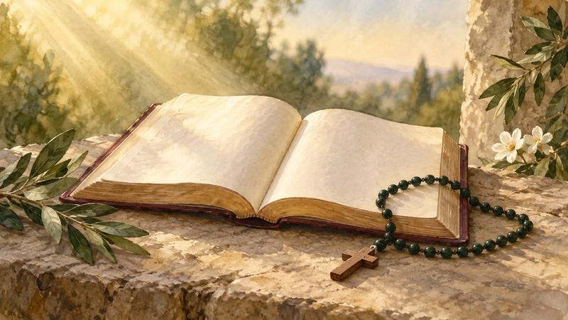 Ilustración en acuarela de una Biblia abierta, una cruz de madera y un rosario a la luz de la mañana