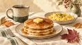 Watercolor illustration of pancakes, scrambled eggs and coffee with autumn leaves