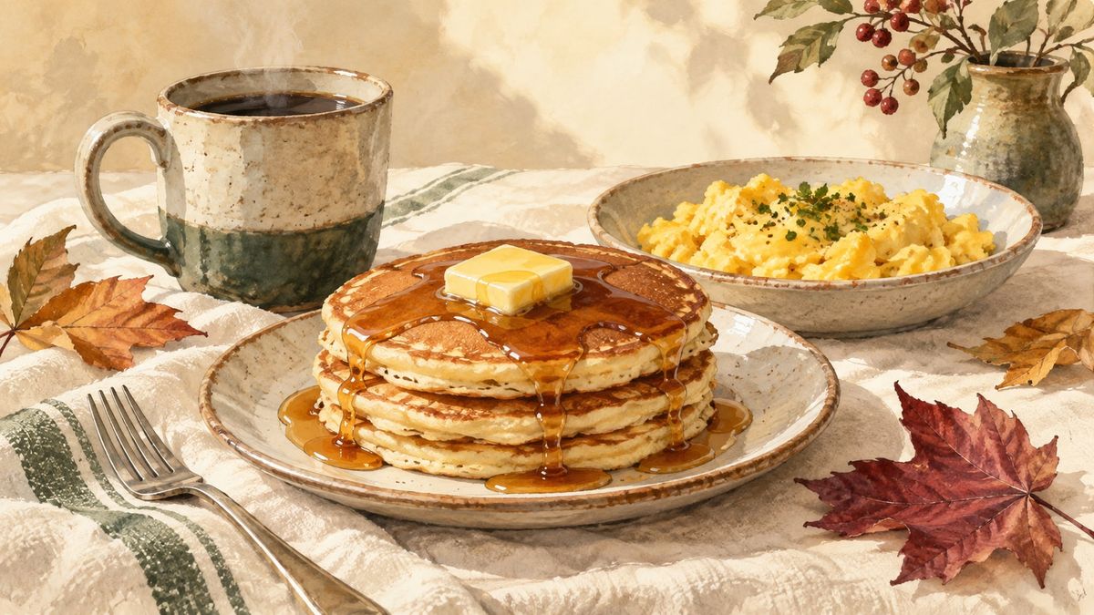 Watercolor illustration of pancakes, scrambled eggs and coffee with autumn leaves