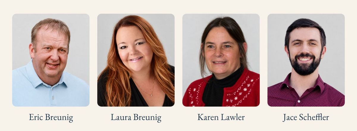 Portraits of Eric Breunig, Laura Breunig, Karen Lawler and Jace Scheffler, from left to right.
