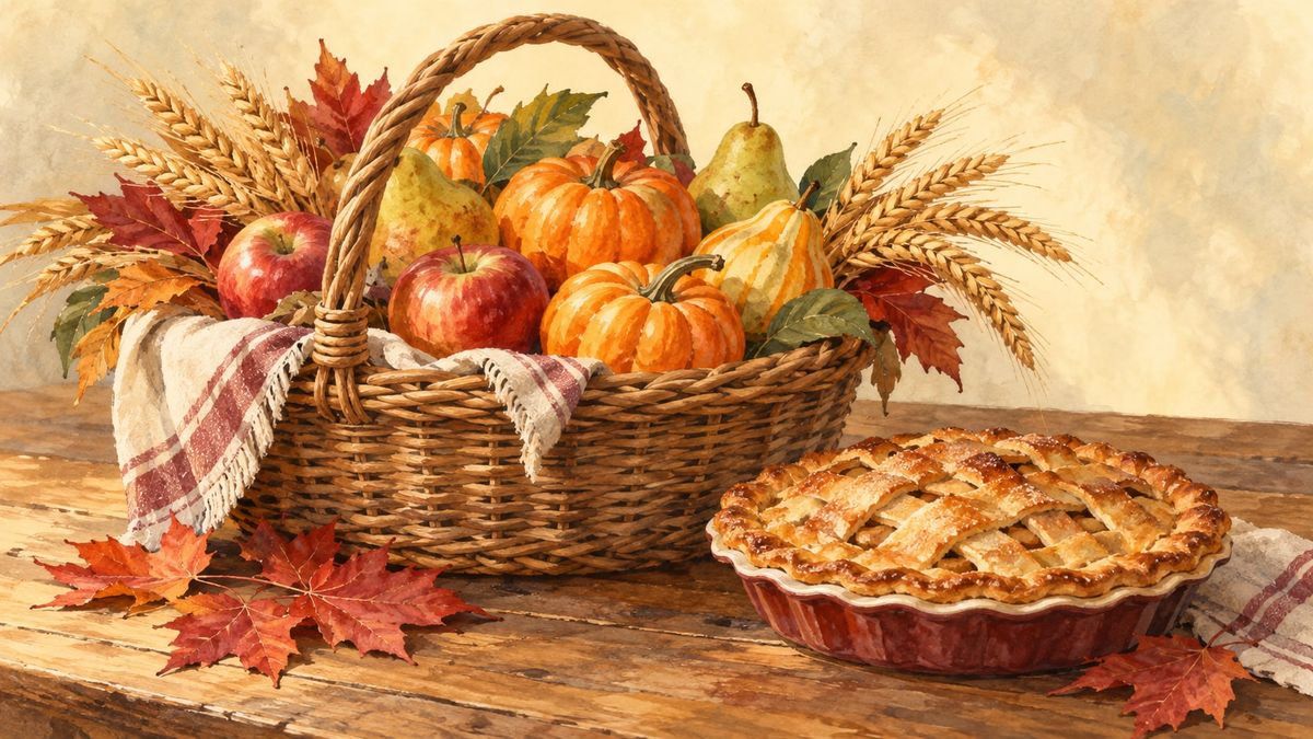 Ilustración en acuarela de frutas de otoño, calabazas, espigas y una tarta de manzana