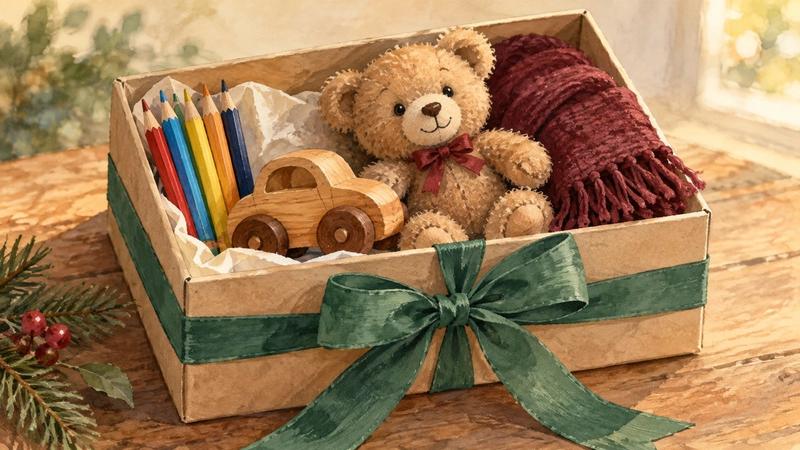 Ilustración en acuarela de una caja de zapatos con lápices, juguetes y una bufanda doblada