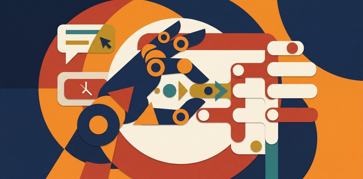 Flat-geometric illustration of an AI agent booking a time slot in a calendar